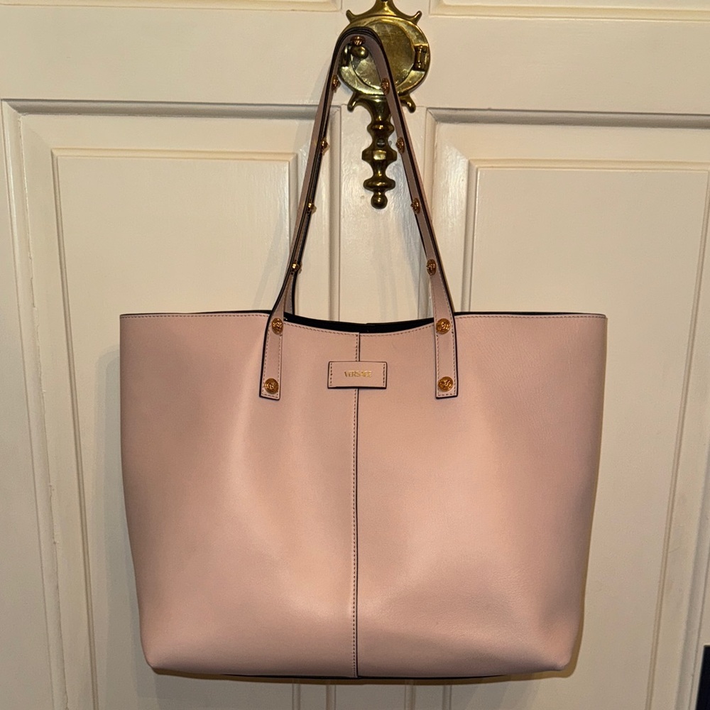Versace Blush Pink Tote Calfskin Palazzo Tote Gold Hardware bonus Pouch Bag